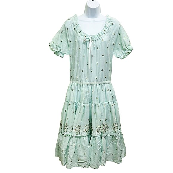 Vintage Mint Green Peasant Off Shoulder Tiered Skirt Embroidered Dress Size L - Picture 1 of 7